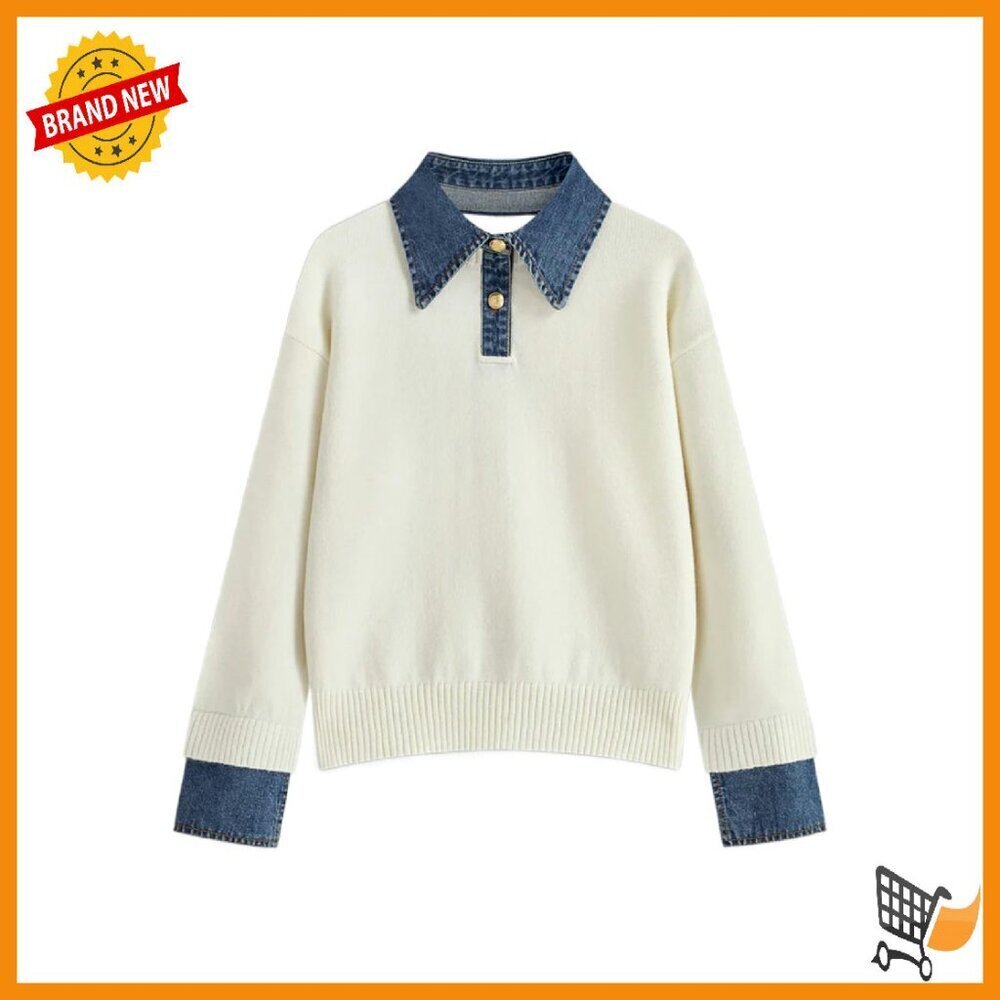 Oversized Polo Sweater Denim Collar Pullover Knit Top Long Sleeve